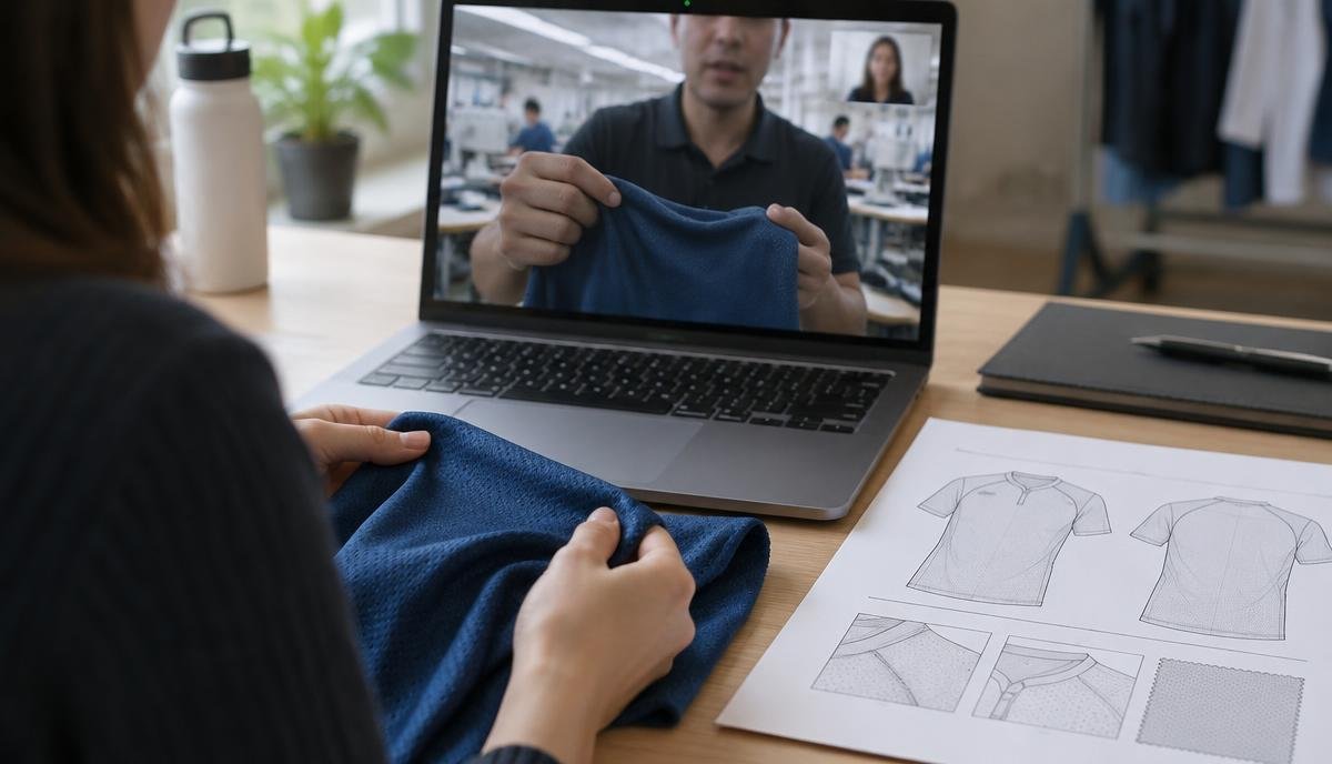 Sportswear buyer on a video call with a factory representative, holding a polyester jersey fabric sample next to a printed tech pack — direct sourcing from a clothing manufacturer